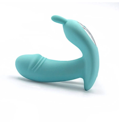 Velvet Pulse Egg - turkusowy wibrator typu wearable z ramieniem do stymulacji i ergonomicznym kształtem