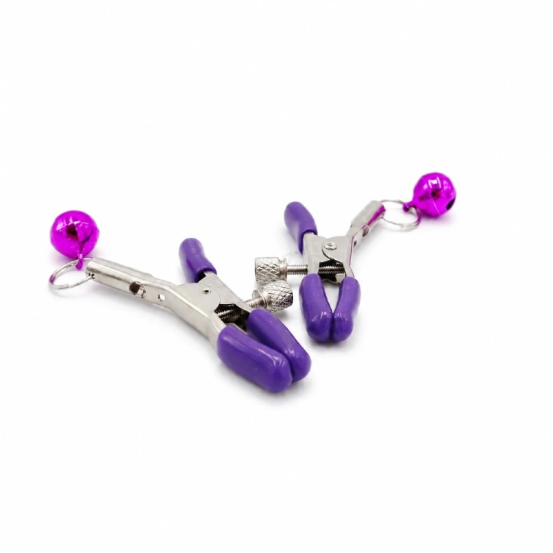 Violet Bell Clips – regulowane nasutniki z zaciskami i metalowymi kulkami, stymulator sutków