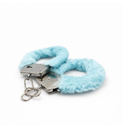 Blue Plush Cuffs – kajdanki z niebieskim futerkiem , łańcuszkiem i kluczykami, kajdanki erotyczne, BDSM