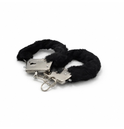Black Plush Cuffs – kajdanki z czarnym futerkiem , łańcuszkiem i kluczykami, kajdanki erotyczne, BDSM