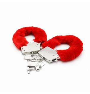 Red Plush Cuffs – kajdanki z czerwonym futerkiem, łańcuszkiem i kluczykami, kajdanki erotyczne, BDSM