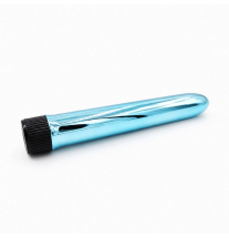 Klasyczny wibrator w kolorze metalicznego błękitu z czarną zakręcaną podstawą