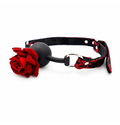 Rose Gag Noir – knebel BDSM z różą, silikonową kulką i regulowanym paskiem, bondage, odgrywanie ról
