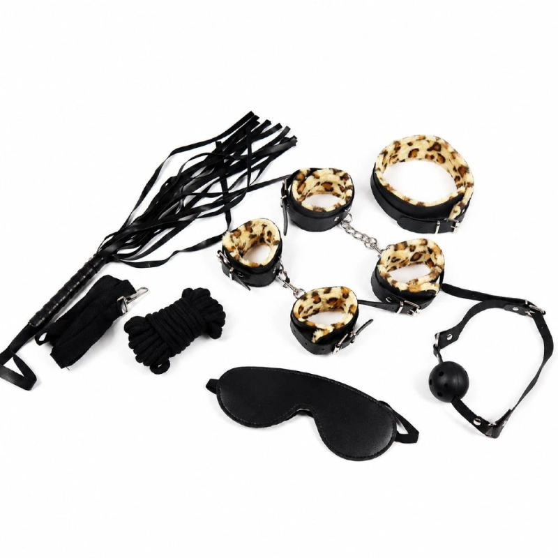 Wild Leopard BDSM Set – zestaw BDSM z kajdankami, obrożą i akcesoriami, zabawy we dwoje, krępowanie