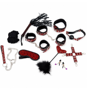 Red Desire Bondage rozbudowany czerwono-czarny zestaw BDSM z kajdankami i akcesoriami
