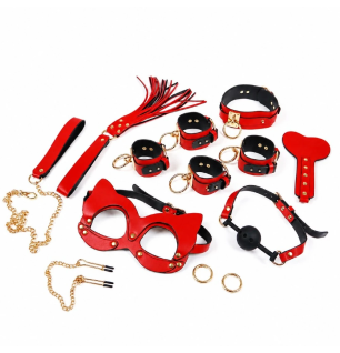Czerwono-czarny zestaw BDSM Red Desire Gold z kajdankami, obrożą, kneblem i pejczem