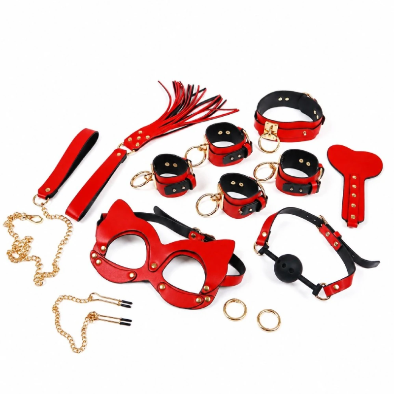 Red Desire Gold – zestaw BDSM z kajdankami, obrożą, kneblem i pejczem, zabawy we dwoje, bondage