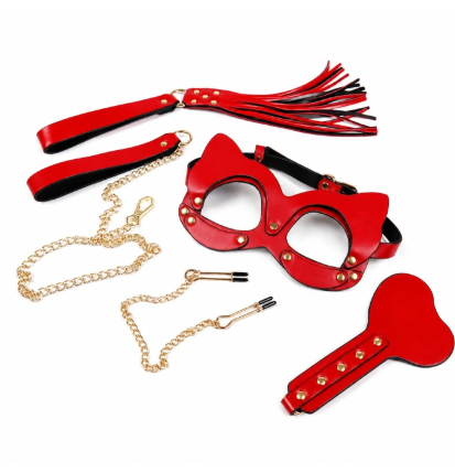 Red Desire Gold – zestaw BDSM z kajdankami, obrożą, kneblem i pejczem, zabawy we dwoje, bondage