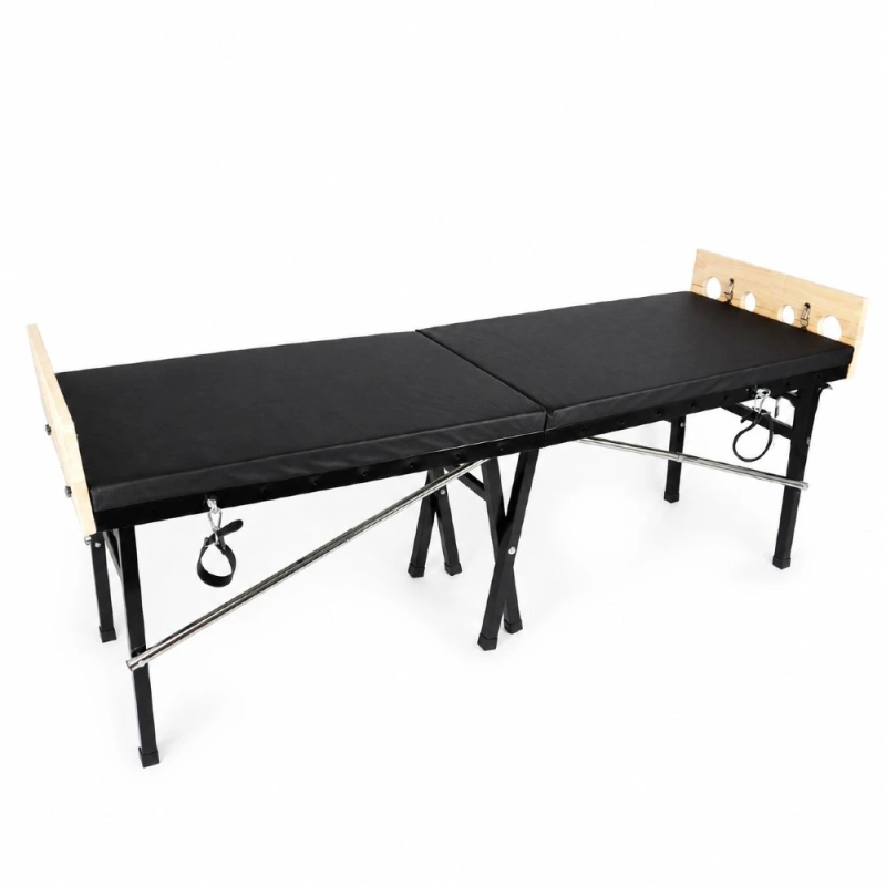 Noir Restraint Bed – łóżko BDSM do Bondage z drewnianymi dybami i pasami