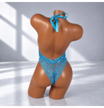 Niebieskie body damskie z koronki Blue Lace Desire z odkrytymi plecami, satynowym wiązaniem na szyi i wysoko wyciętym dołem.