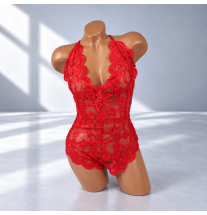 Czerwone body koronkowe Red Blossom z głębokim dekoltem V i kwiatowym wzorem