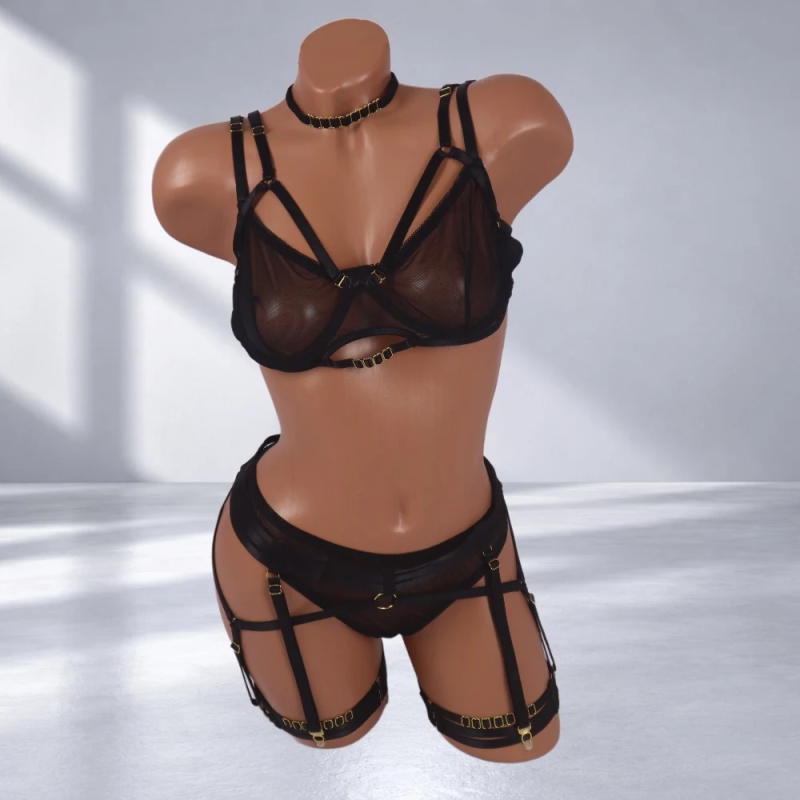Black Desire Gold – czarny komplet bielizny ze stringami, paskami na uda i złotymi detalami, rozmiar XL