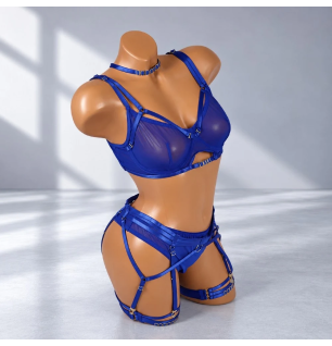 Royal Blue Desire – niebieski komplet bielizny erotycznej z ozdobnymi paskami i złotymi detalami, rozmiar L