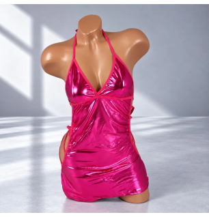 Różowa Sukienka Erotyczna Wetlook Mini z Paskami – Fuchsia Gloss Desire | fetysh.pl