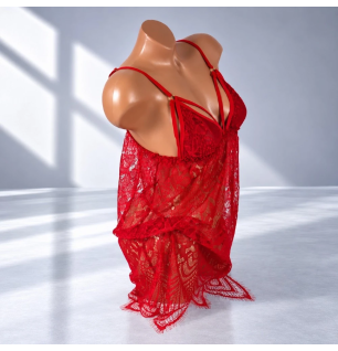 Red Flower - czerwony koronkowy komplet bielizny erotycznej z koszulką i stringami, rozmiar UNI