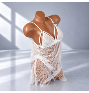 White Flower - biały koronkowy komplet bielizny erotycznej z koszulką i stringami, rozmiar UNI