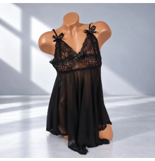 Black Midnight Lace – czarny komplet bielizny erotycznej z koronkową koszulką, transparentnym tiulem i ozdobnymi kokardkami