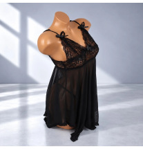 Czarna koronkowa koszulka erotyczna Black Midnight Lace z głębokim dekoltem V, cienkimi ramiączkami i zwiewnym dołem