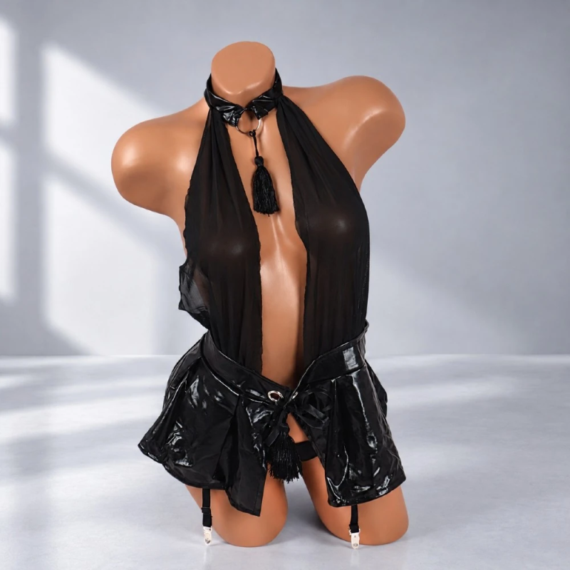 Black Diva – zmysłowy komplet damski z połyskującą spódniczką Wet Look i stringami, różne rozmiary