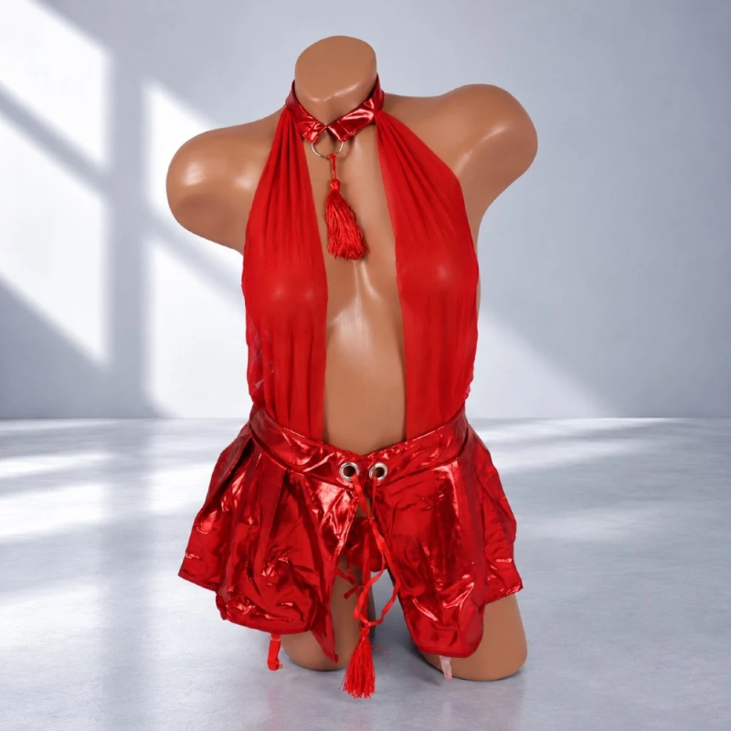 Red Diva - czerwony komplet erotyczny ze spódniczką Wet Look i stringami, rozmiar L