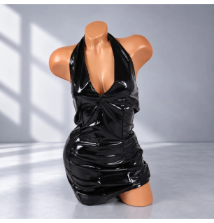 Noir Gloss Dress czarna sukienka erotyczna wet look mini z głębokim dekoltem, połyskującym materiałem i dopasowanym krojem