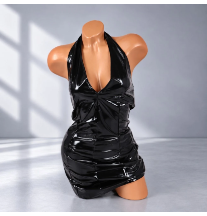 Noir Gloss Dress czarna sukienka erotyczna wet look mini z głębokim dekoltem, połyskującym materiałem i dopasowanym krojem