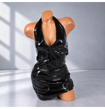 Noir Gloss Dress czarna sukienka erotyczna wet look mini z głębokim dekoltem, połyskującym materiałem i dopasowanym krojem