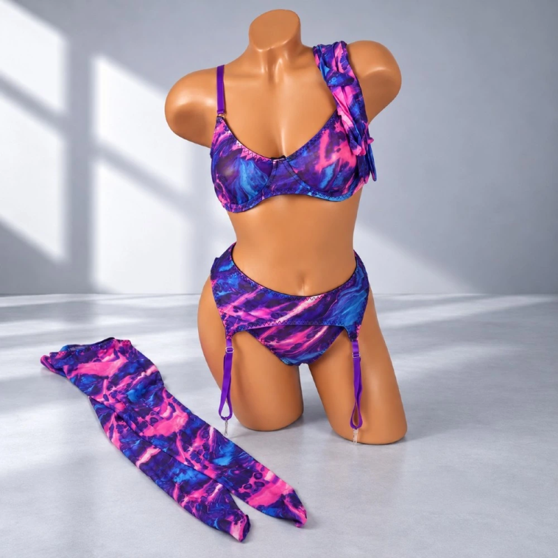 Violet Fantasy - komplet bielizny erotycznej 5w1 z pończochami i rękawiczkami, różne rozmiary