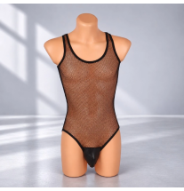 : Czarne body męskie Mesh Shadow z transparentnej siateczki, bez rękawów, z okrągłym dekoltem i kryjącym panelem z przodu