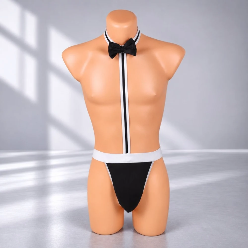 Gentleman Bow – męskie stringi erotyczne z muszką, czarno-białe, rozmiar UNI