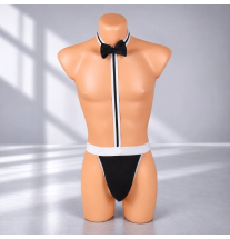 Stringi erotyczne Gentleman Bow w kolorze czarno-białym, z ozdobną muszką, kołnierzykiem i pionową taśmą na klatce piersiowej