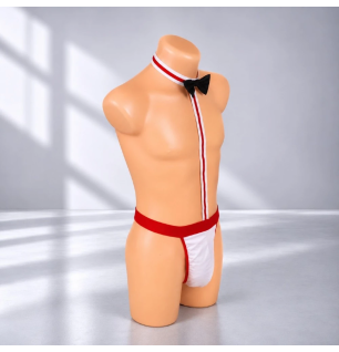 Red Gentleman – biało-czerwone stringi męskie erotyczne z muszką, rozmiar UNI