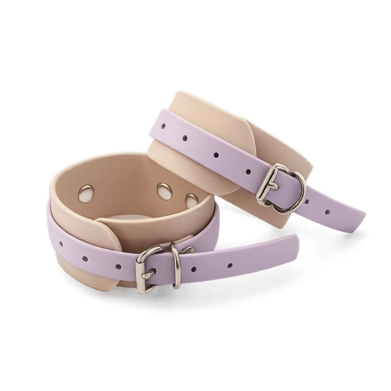Velvet Biothane Cuffs Beż/Lawenda – regulowane kajdanki BDSM premium Soft Touch
