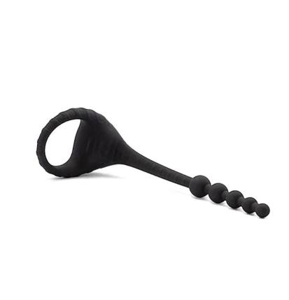 Wibrująca nakładka na penisa z elastyczną sondą analną i koralikami, silikonowa, czarna